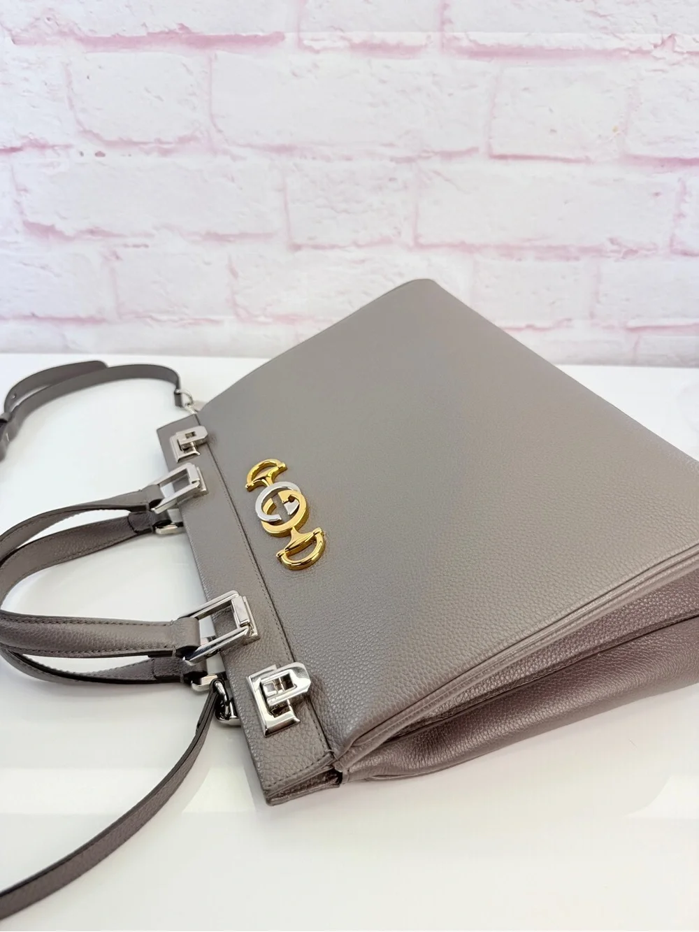 Gucci Zumi Grey Leather Top-Handle Satchel Gold Hardware